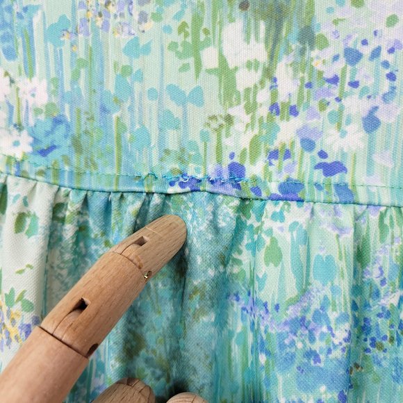 Vintage 70s Blue / Green Watercolor Floral Print Sheer Sleeve Dress - Picture 11 of 12